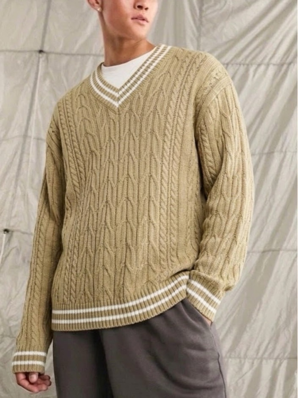 ASOS DESIGN Varsity Cable Knit V-Neck Sweater Beige Small NWOT Unisex Oversized